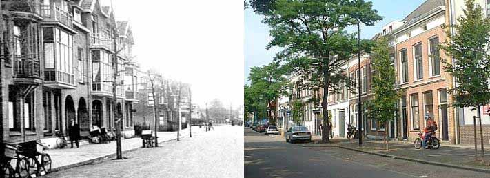 Dubbeldamseweg Zuid & Noord, toen en nu. Links: Zuid, westzijde met oneven nummers voor 1931. Rechts: Noord, oostzijde met even nummers in 2005 