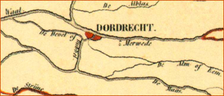 Detail van een kaart van Zuid Holland in de 11e eeuw, volgens een 19-eeuwse kaart.