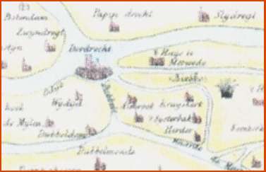 Detail van een kaart van de Zuid-Hollandsche of Groote Waard vr de Elisabethsvloed van 1421, behorend bij het boek 'De Sint Elisabeths Nacht' van Van Someren, 1779.