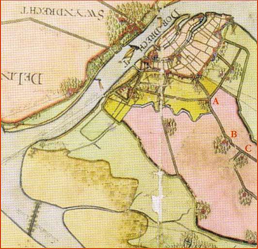 Detail van de kaart van het Eiland van Dordrecht, 1611, in pen en penseel door Symon Jansz (Indervelde) en Daniël Schellincx (Nationaal Archief).