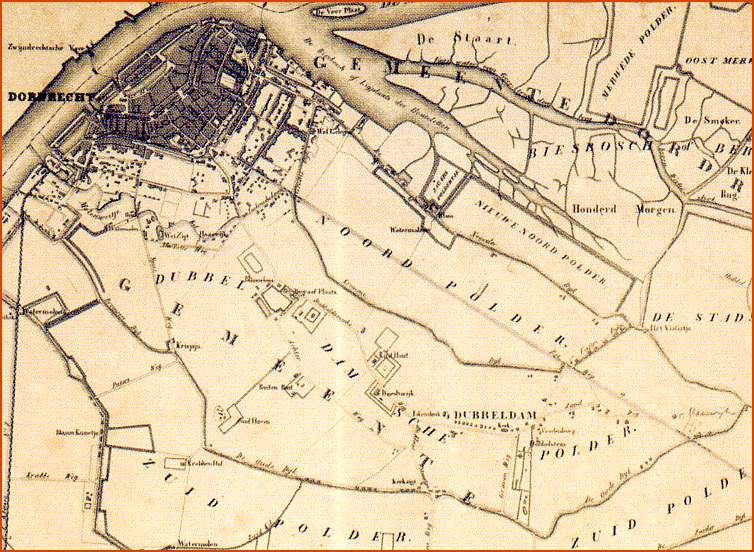 Detail van een kaart van het Eiland van Dordrecht, vr de uitbreiding met de Polder de Boesbosch en vr het graven van de Nieuwe Merwede, A. Hansum en H.J. Becker, 1836.