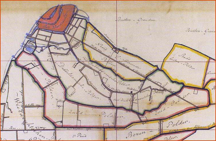 Detail uit de kaart van het Eiland van Dordrecht in 1808 met aanduidingen van polders (in kleur), dijken en wegen, gemaakt door Jan Wapperom.